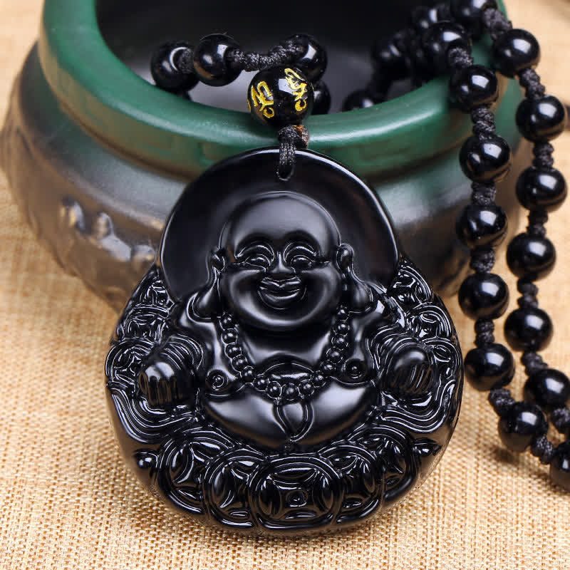 Wear FengShui Laughing Buddha Black Obsidian Strength Protection Pendant Necklace