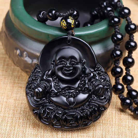 Wear FengShui Laughing Buddha Black Obsidian Strength Protection Pendant Necklace