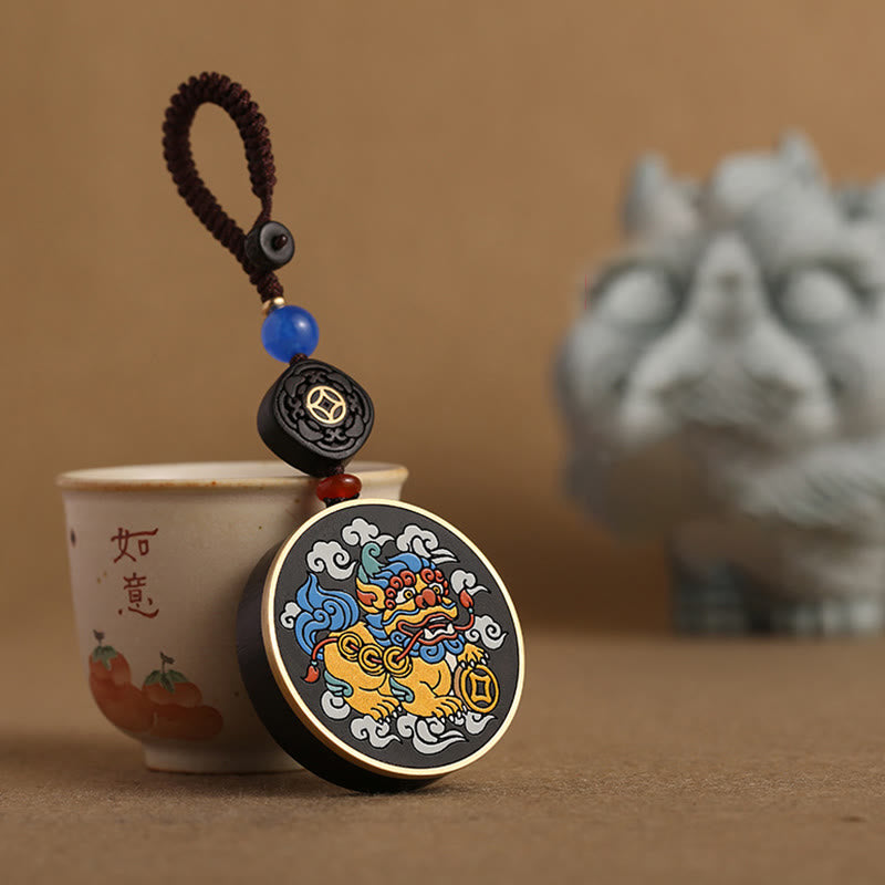 Wear FengShui PiXiu Copper Coin Ebony Wood Luck Attract Wealth Key Chain Decoration