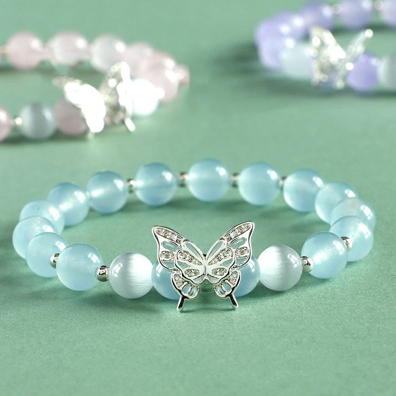 Wear FengShui Blue Chalcedony Pink Crystal Purple Chalcedony Butterfly Energy Bracelet