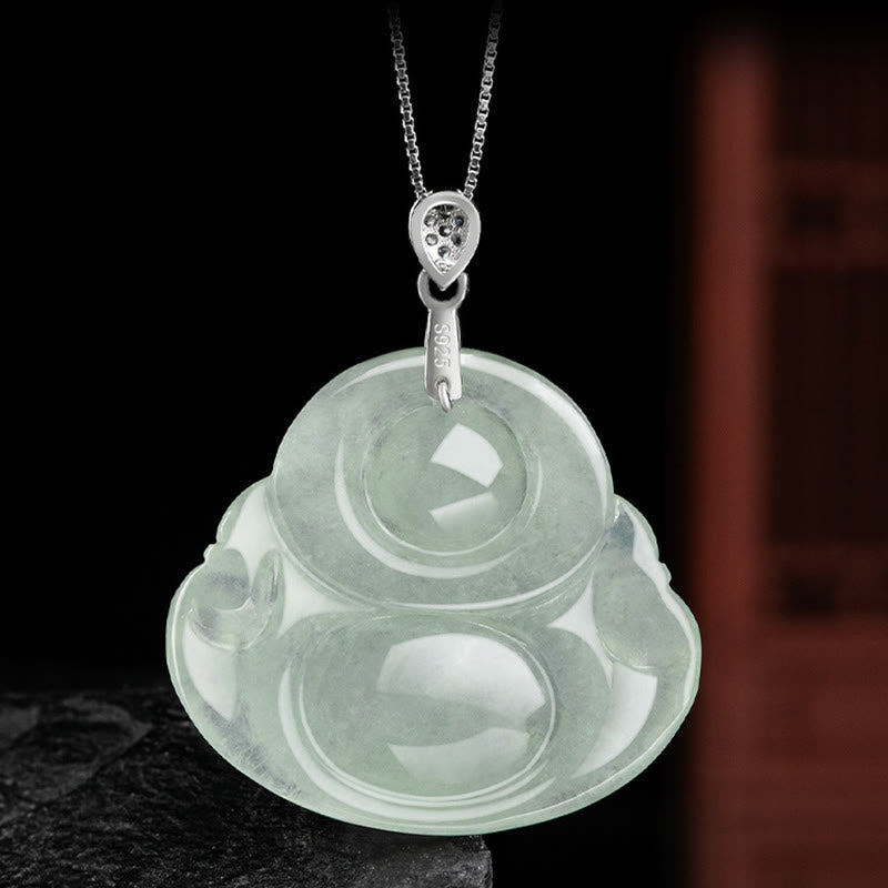 Wear FengShui Natural Jade Laughing Buddha Prosperity Abundance Titanium Steel Chain Necklace Pendant