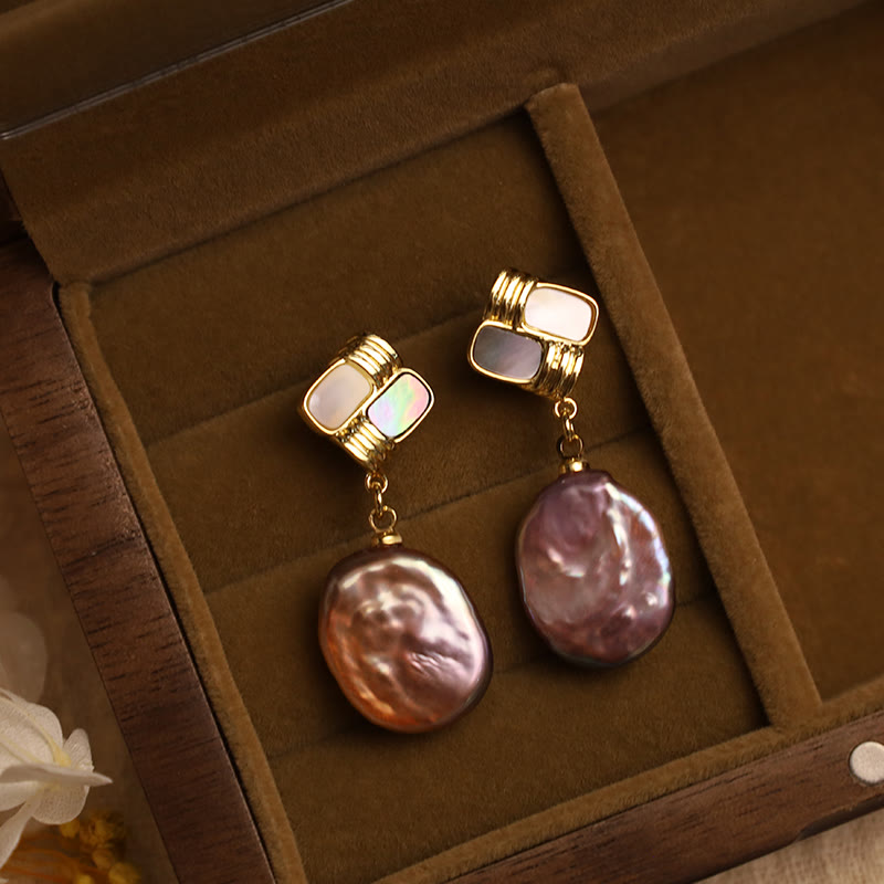 Wear FengShui 925 Sterling Silver Posts Copper Plated Gold Natural Baroque Pearl Healing Drop Earrings