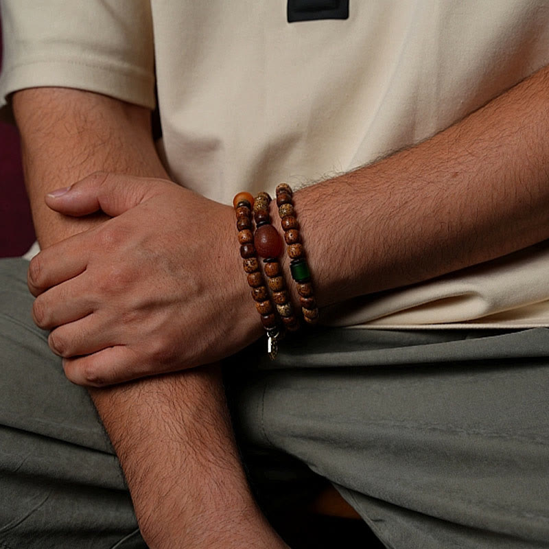 Wear FengShui Tibetan Bodhi Seed Amber Dzi Bead Agate Zakiram Goddess of Wealth Beads Triple Wrap Bracelet