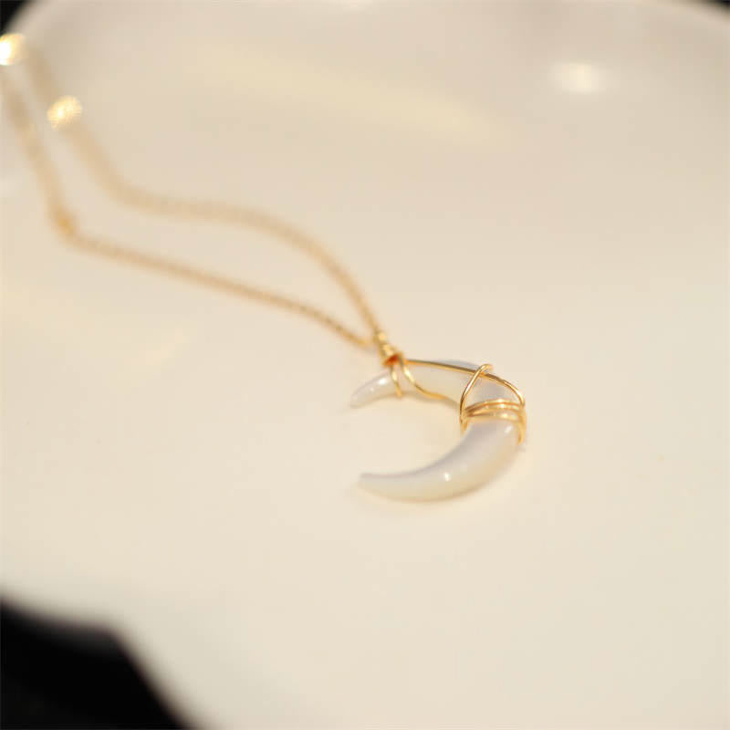 Wear FengShui Natural Tridacna Stone Crescent Moon Blessing Necklace Pendant