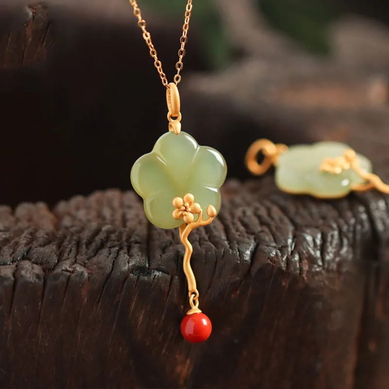 Wear FengShui Vintage Plum Blossom Flower Jade Red Agate Prosperity Necklace Pendant