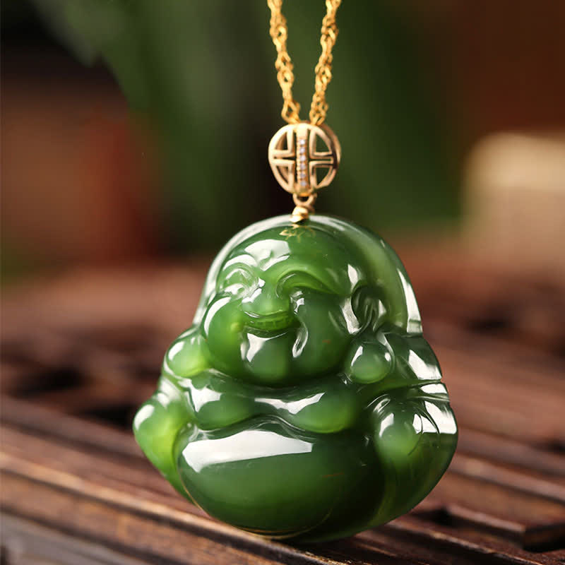 Wear FengShui 925 Sterling Silver Laughing Buddha Hetian Cyan Jade 18K Gold Success Necklace Chain Pendant