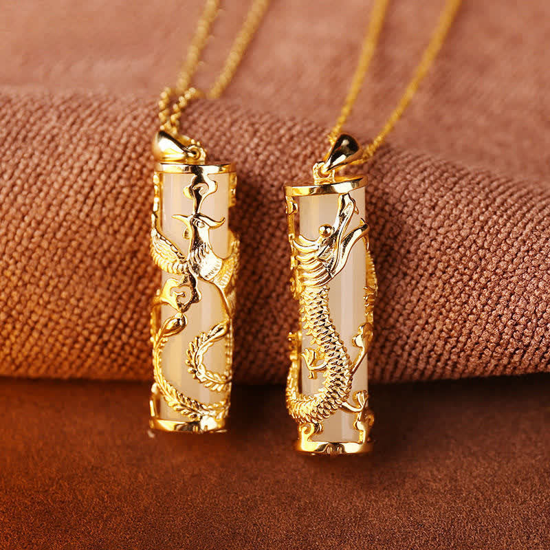Wear FengShui Jade Dragon Phoenix Copper Blessing Harmony Necklace Pendant