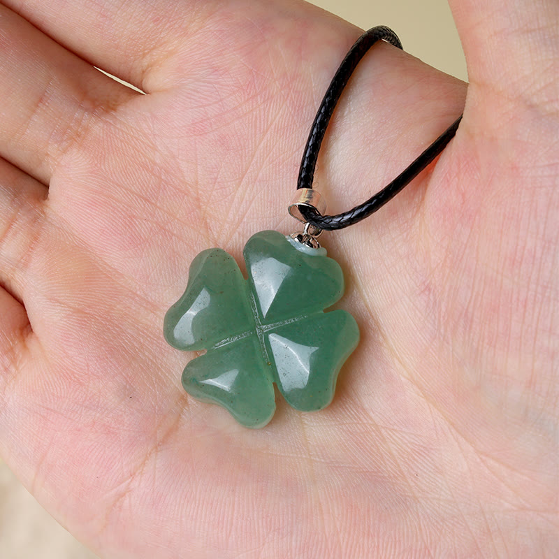 Wear FengShui 925 Sterling Silver Green Aventurine Four Leaf Clover Luck Leather Rope Necklace Pendant