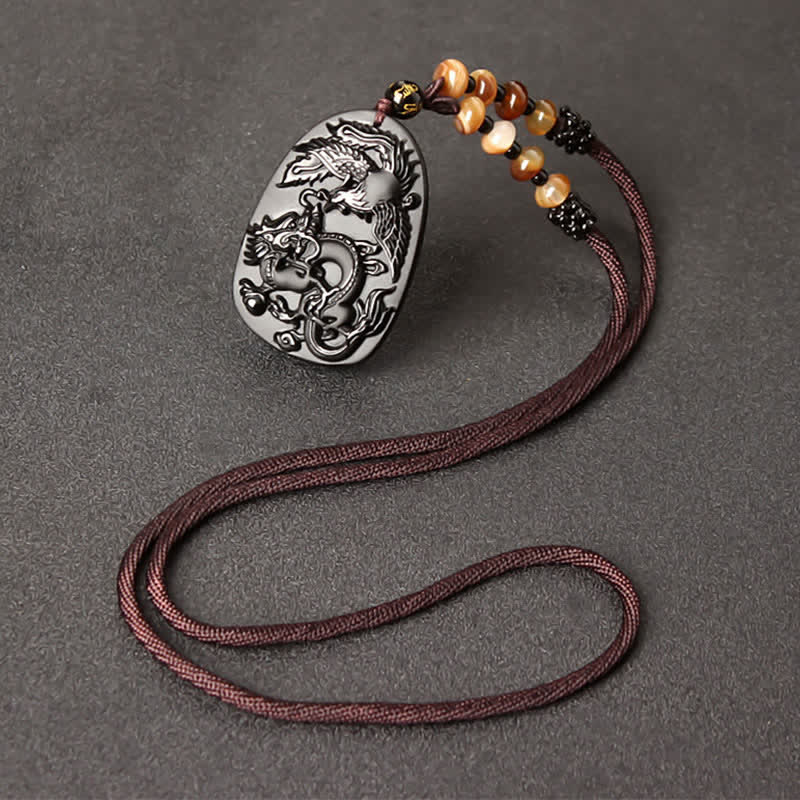 Wear FengShui Black Obsidian Tiger Eye Dragon Phoenix Protection Beaded Necklace Pendant