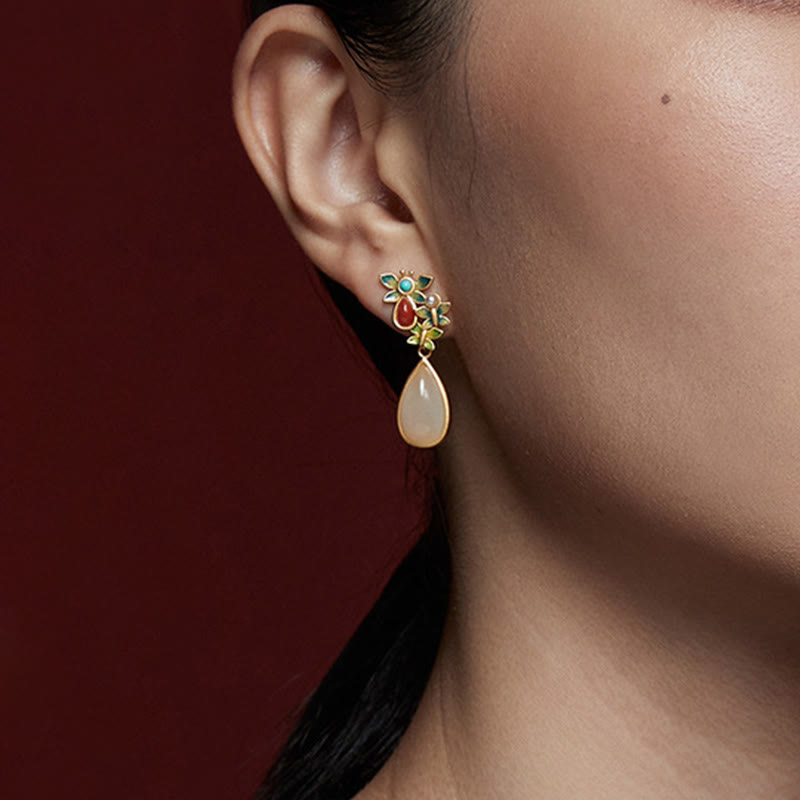 Wear FengShui Water Drop White Jade Red Agate Butterfly Protection Drop Dangle Earrings