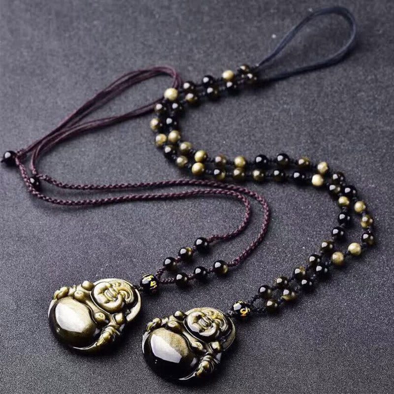 Wear FengShui Laughing Buddha Gold Sheen Obsidian Wealth Necklace Pendant