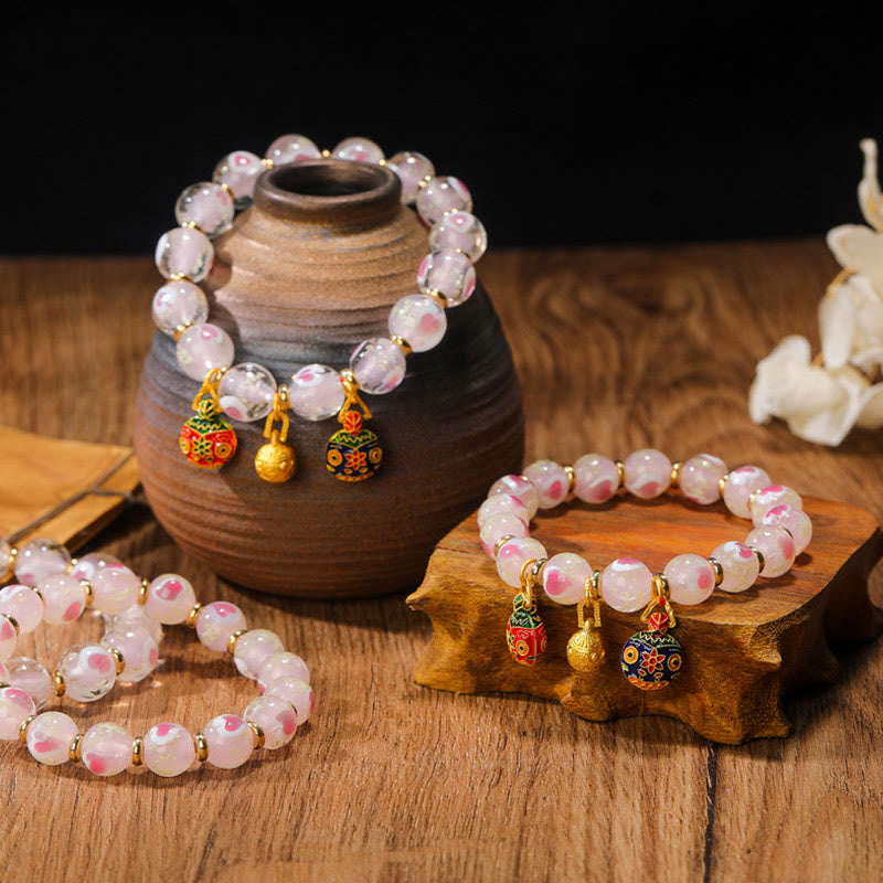 Wear FengShui Gold Swallowing Beast Family Charm Luminous Pink Love Heart Fluorescent Liuli Glass Bead Blessings Bracelet