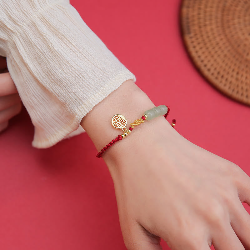 Wear FengShui Handcrafted Jade Bead Fu Character Charm Luck Red Rope Bracelet