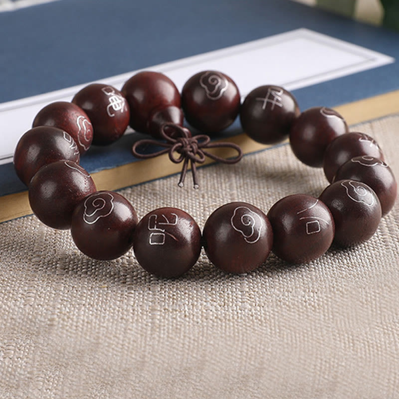 Wear FengShui 925 Sterling Silver Inlaid Small Leaf Red Sandalwood Om Mani Padme Hum Character Auspicious Clouds Protection Bracelet