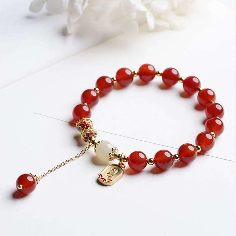 Wear FengShui Natural Red Agate Hetian Jade Fu Character Confidence Charm Bracelet