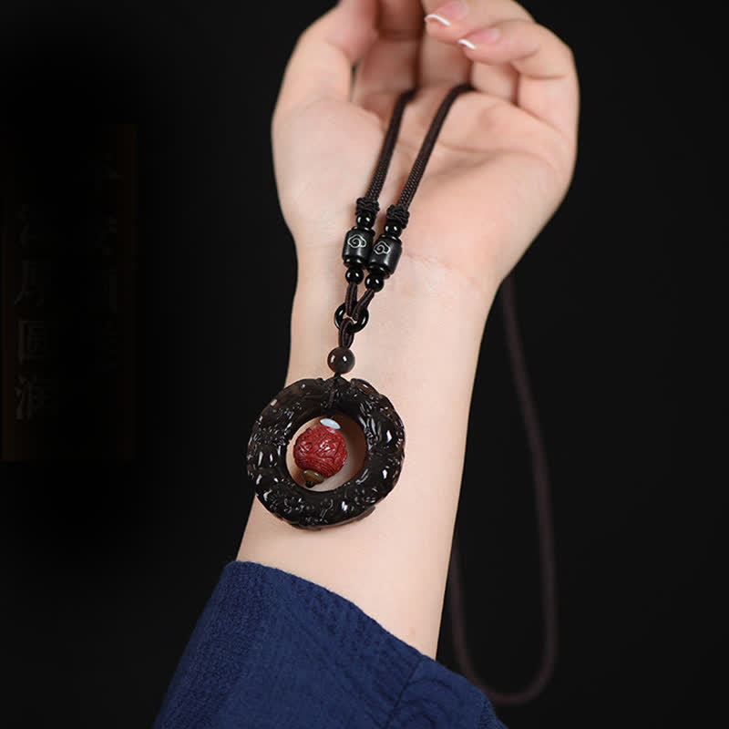 Wear FengShui FengShui Natural Rainbow Obsidian PiXiu Cinnabar Healing Necklace Pendant