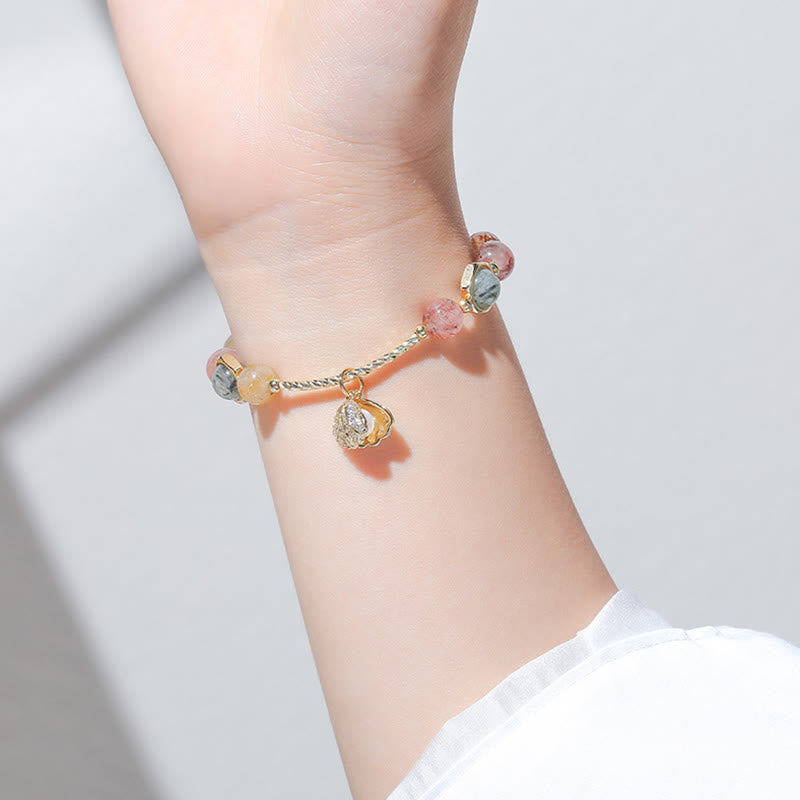 Wear FengShui Natural Colorful Rutilated Quartz Shell Protection Bead Bracelet