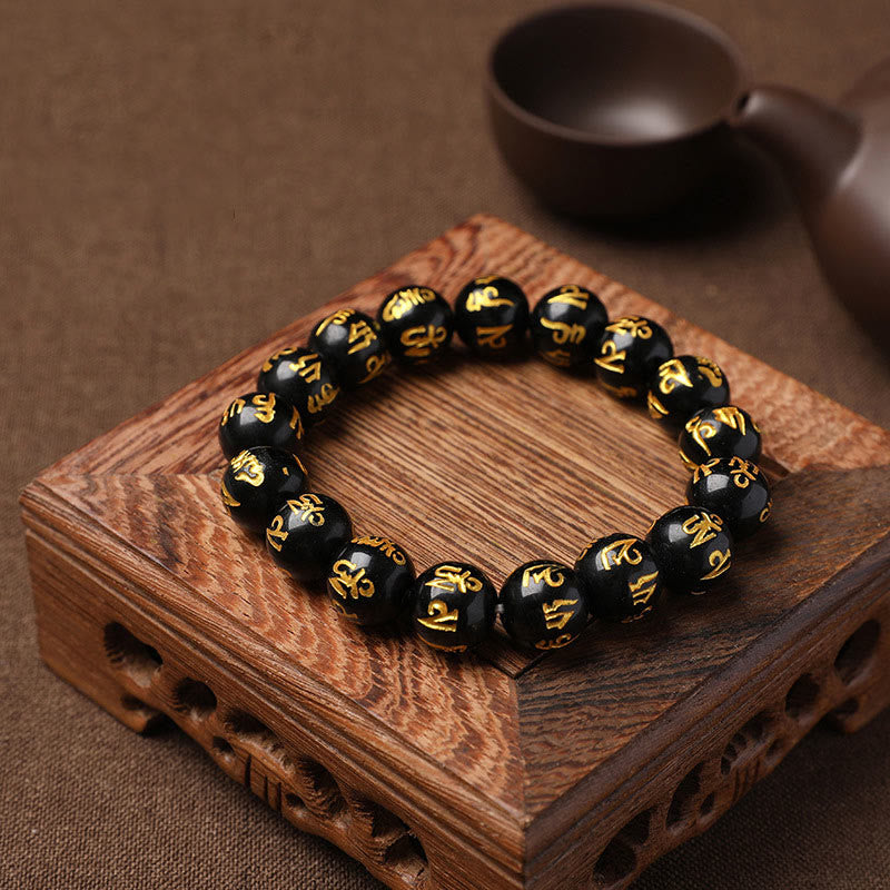 Wear FengShui Tibet White Crystal Black Onyx Om Mani Padme Hum Meditation Bracelet