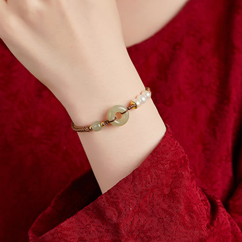 Wear FengShui Natural Hetian Jade Pearl Peace Buckle Luck Bracelet