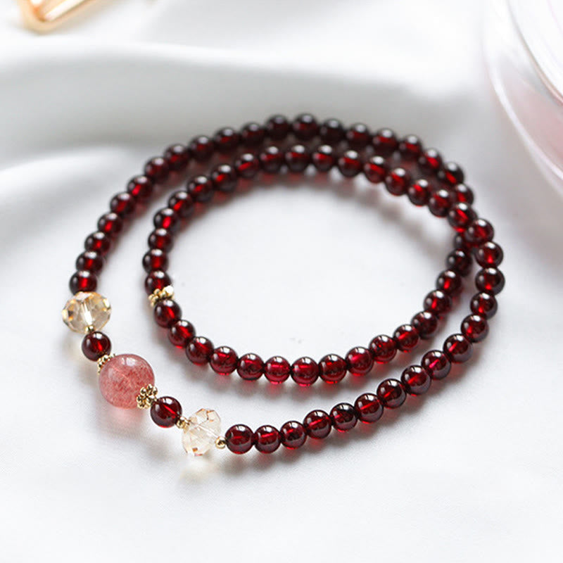 Wear FengShui 14K Gold Plated Natural Garnet Strawberry Quartz Stability Double Wrap Bracelet