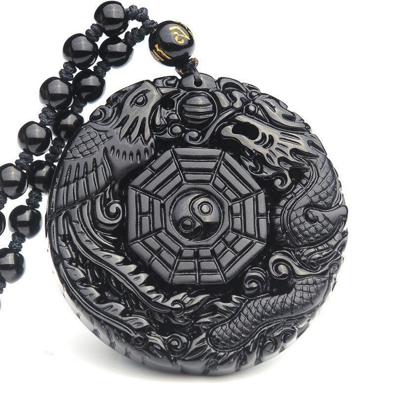 Wear FengShui Bagua Dragon Phoenix Obsidian Fulfilment Pendant Necklace