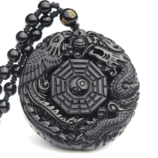 Wear FengShui Bagua Dragon Phoenix Obsidian Fulfilment Pendant Necklace