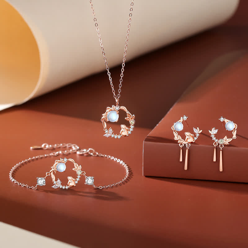 Wear FengShui 925 Sterling Silver Year of the Rabbit Moonstone Moon Flower Pattern Necklace Pendant Bracelet Earrings