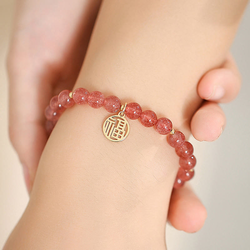Wear FengShui 14K Gold Plated Strawberry Quartz Fu Character Healing Charm Bracelet