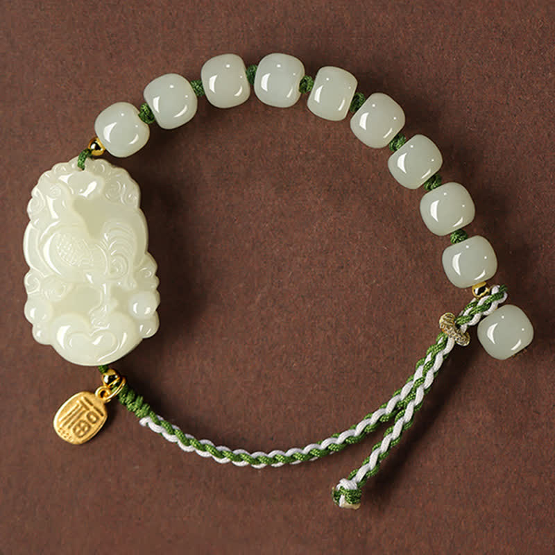 Wear FengShui 925 Sterling Silver Chinese Zodiac Hetian Jade Happiness Luck String Bracelet