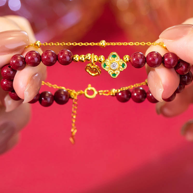Wear FengShui 925 Sterling Silver Natural Cinnabar Four Leaf Clover Flower Blessing Chain Bracelet