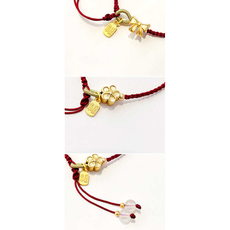 Wear FengShui Handmade Peach Blossom Rosette Bow Knot Fu Character Charm Luck Fortune Red Rope Bracelet