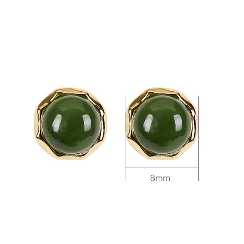 Wear FengShui 925 Sterling Silver Plated Gold Natural Hetian Cyan Jade Bead Luck Stud Earrings