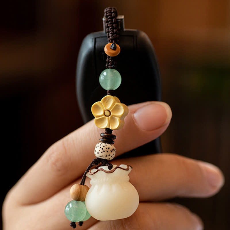 Wear FengShui Natural Bodhi Seed Money Bag Flower Blessing Prosperity Keychain