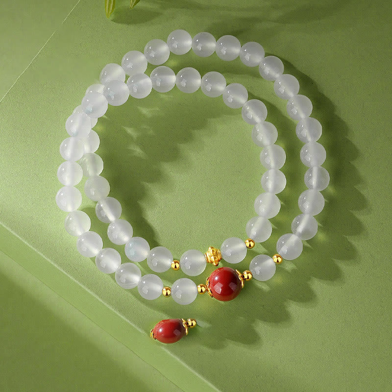 Wear FengShui 925 Sterling Silver Natural White Agate Cinnabar Double Wrap Protection Bracelet