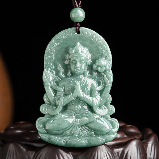 Wear FengShui Four-armed Avalokitesvara Natural Jade Amulet Blessing String Necklace