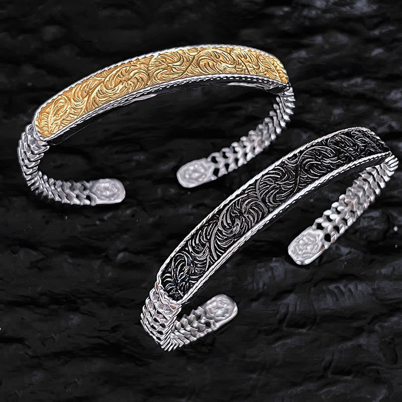 Wear FengShui Tang Dynasty Flower Design Engraved Copper Luck Cuff Bracelet Bangle Adjustable Ring