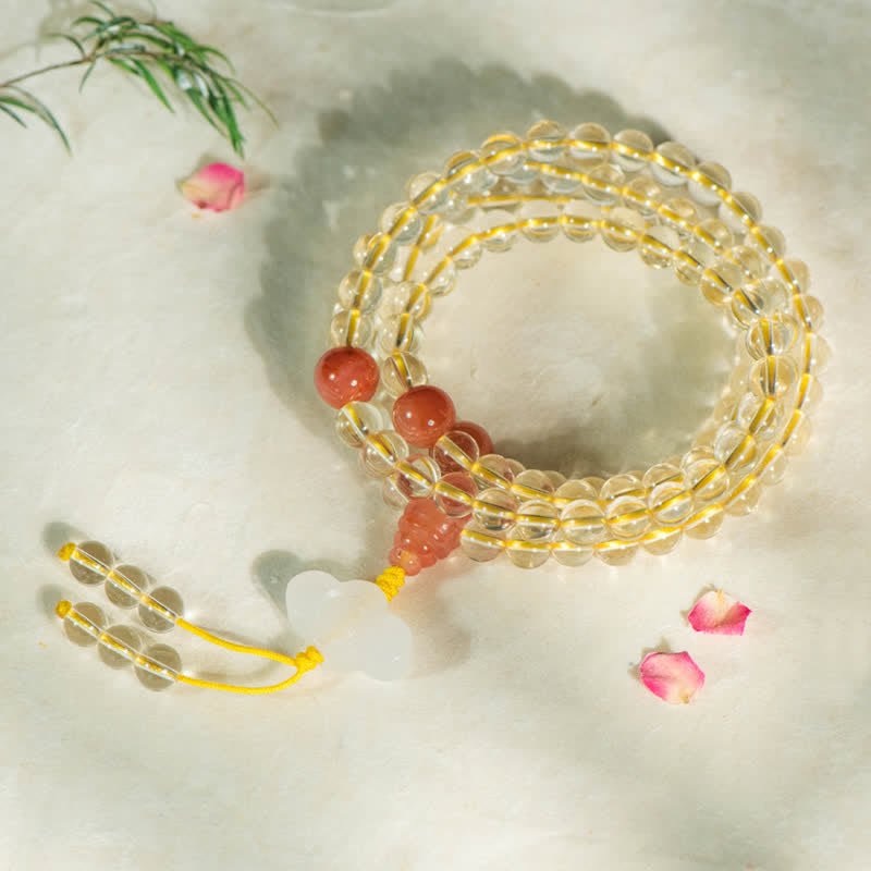 Wear FengShui 108 Mala Beads 925 Sterling Silver Natural Citrine Red Agate White Jade Prosperity Charm Bracelet