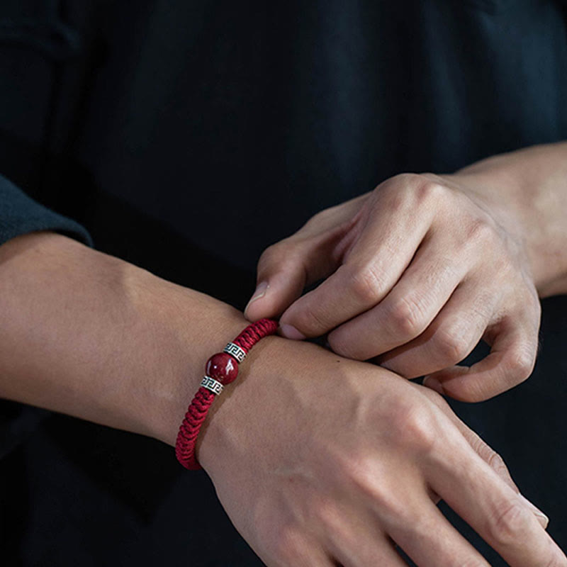 Wear FengShui 925 Sterling Silver Natural Cinnabar Bead Calm Handmade Braided String Bracelet