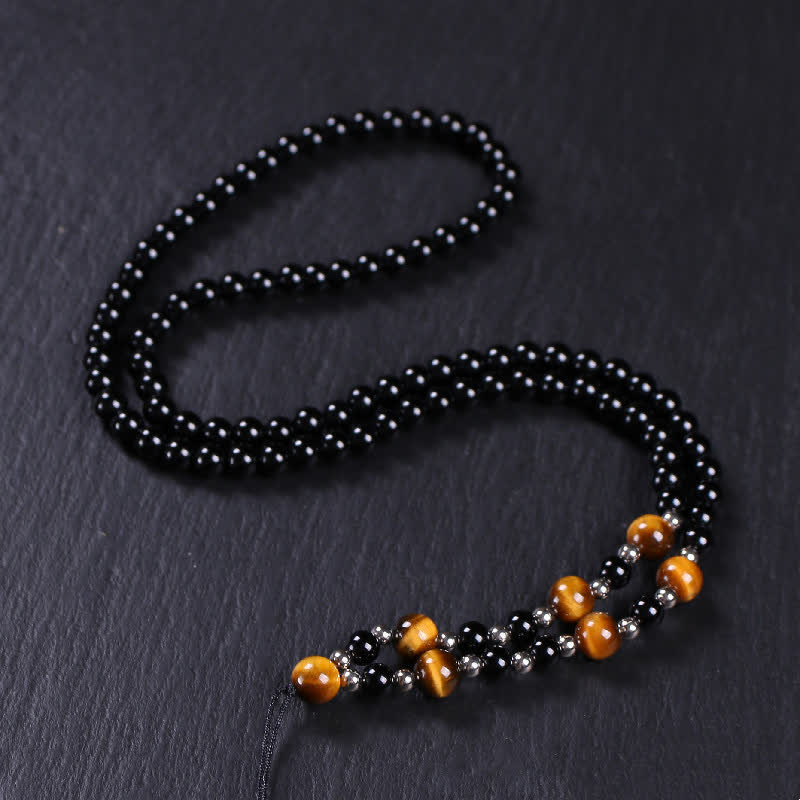 Wear FengShui Bagua Yin Yang Black Obsidian Purification Beaded Necklace Pendant