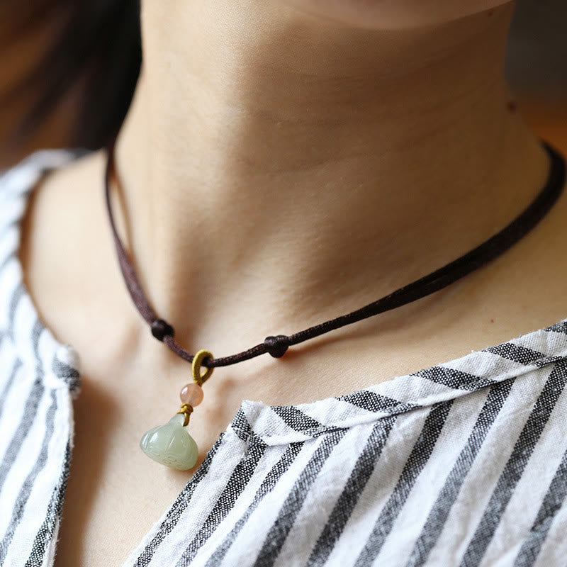 Wear FengShui Natural Round Jade Peace Buckle Lotus Abundance String Necklace Pendant