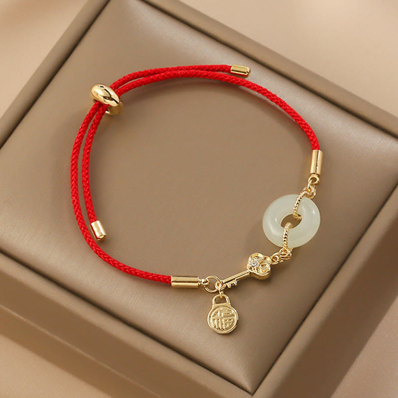 Wear FengShui 18K Gold Plated Hetian Jade Peace Buckle Fu Character Luck Red Rope Bracelet