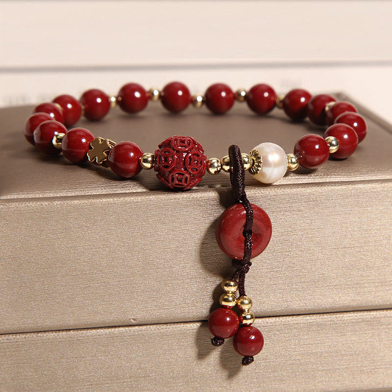Wear FengShui Natural Cinnabar Peace Buckle Copper Coin Charm Blessing Bracelet