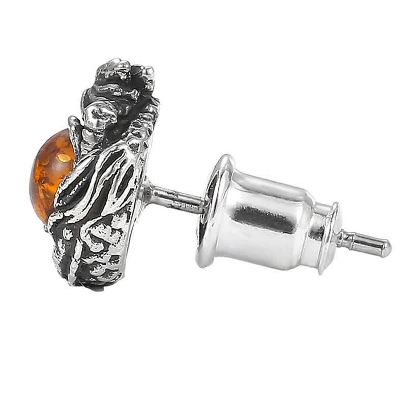 Wear FengShui 925 Sterling Silver Natural Amber Dragon Success Protection Stud Earring