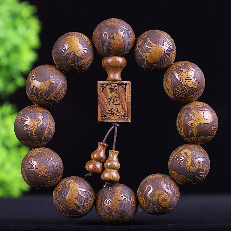 Wear FengShui Chinese Zodiac Rosewood Ebony Copper Coin PiXiu Carved Warmth Bracelet