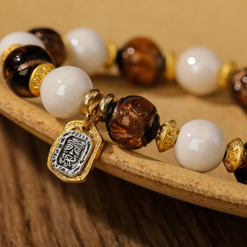 Wear FengShui Tibetan Zakiram Goddess of Wealth Charm Liuli Glass Incense Ash Porcelain Bead Protection Bracelet