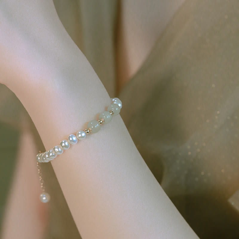 Wear FengShui 14K Gold Plated Natural Pearl Hetian Cyan Jade White Jade Sincerity Bead Chain Bracelet