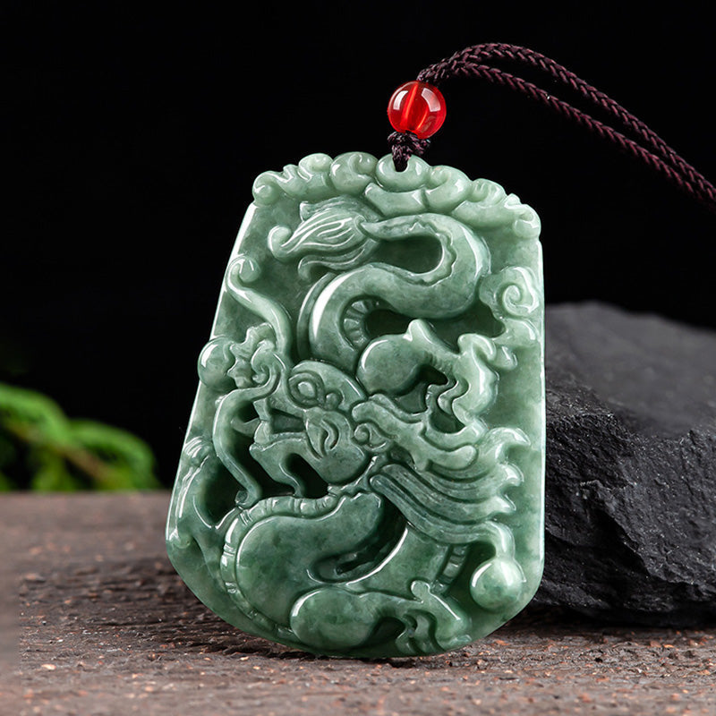 Wear FengShui Chinese Zodiac Dragon Jade Strength Necklace String Pendant