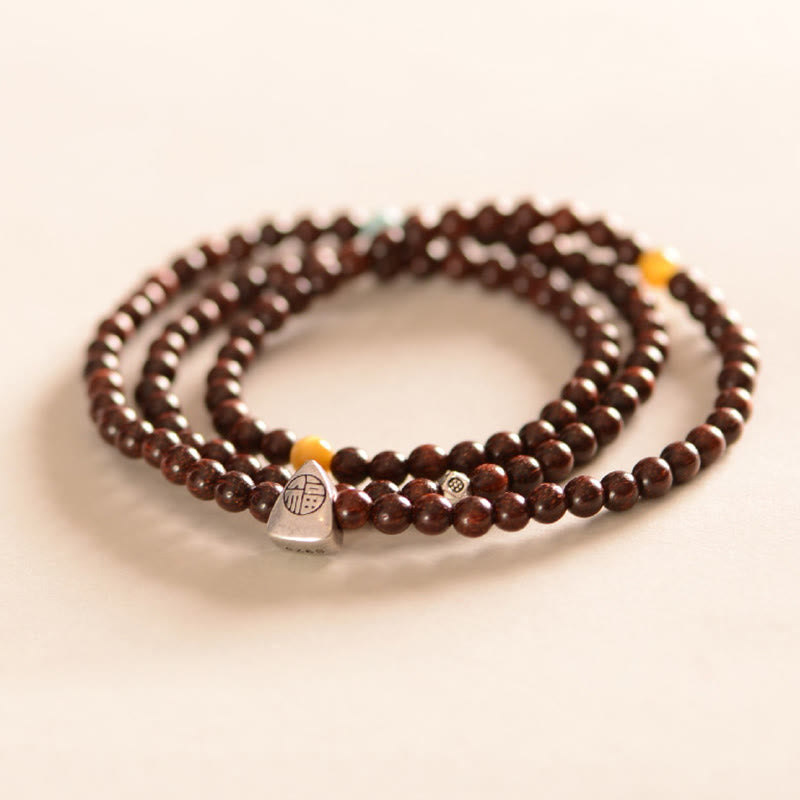 Wear FengShui 925 Sterling Silver Indian Small Leaf Red Sandalwood Fu Character Protection Triple Wrap Bracelet