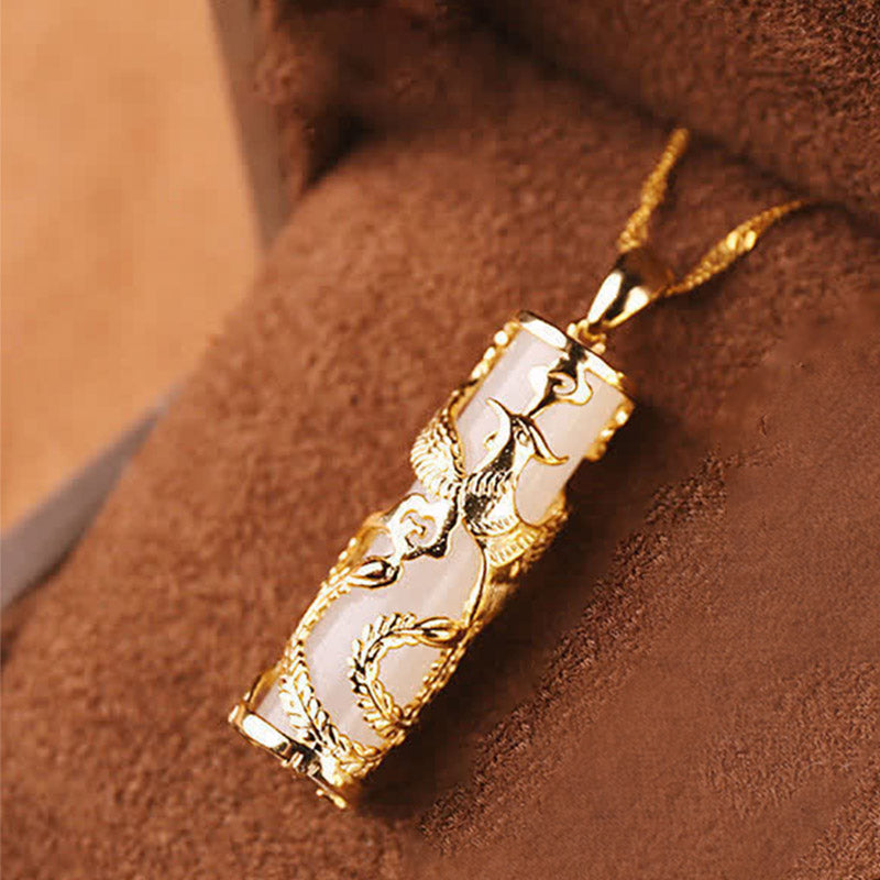 Wear FengShui Jade Dragon Phoenix Copper Blessing Harmony Necklace Pendant
