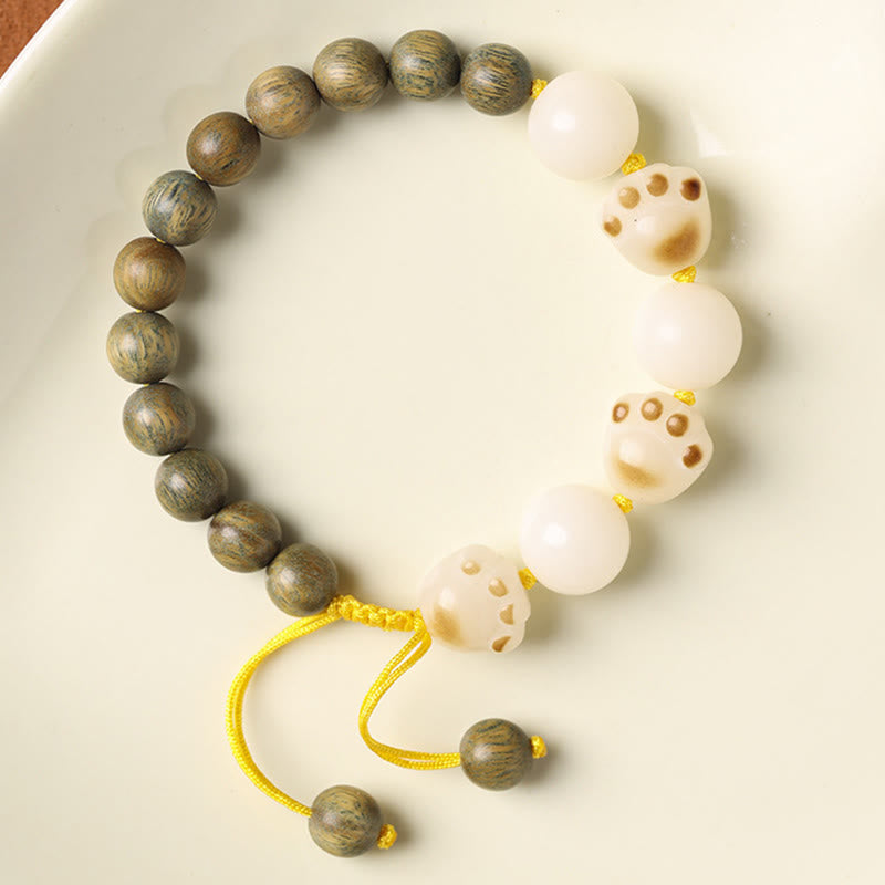 Wear FengShui Natural Green Sandalwood Bodhi Seed Cat Paw Claw Cure Bracelet
